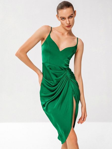 

double crazy ruched asymmetrical hem satin cami dress v9bd#, Black;gray