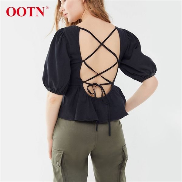 

ootn backless lace up black shirt puff sleeve womens and blouses casual o neck summer peplum female tunic 210308, White