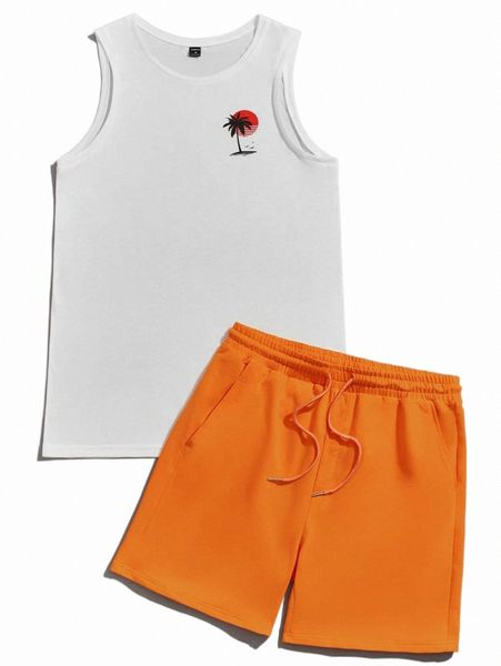 

men coconut tree print tank & drawstring waist shorts k51t#, Gray