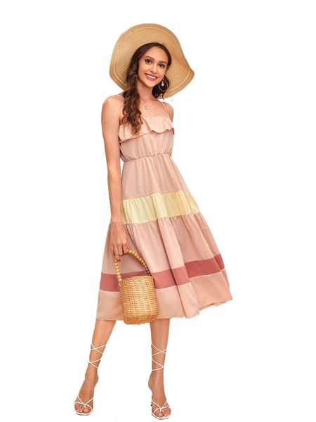 

1pc colorblock ruffle trim cami dress l8as#, Black;gray