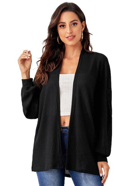 

drop shoulder waffle knit coat a3rd#, Black