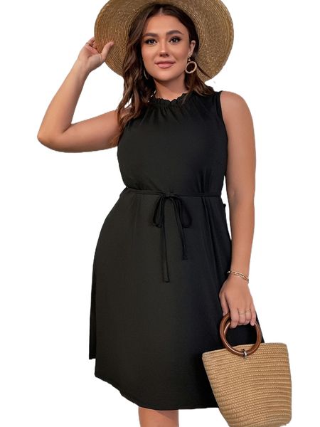 

plus frilled neck belted dress e29x#, Black