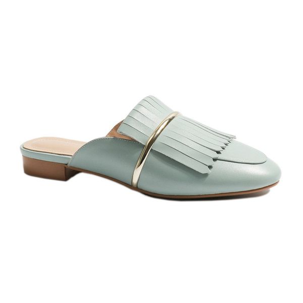 

women slip-on slides flat mules shoes slippers metal decor dress single shoes round toe comfortable summer shoe woman fashion fringe outdoor, Black