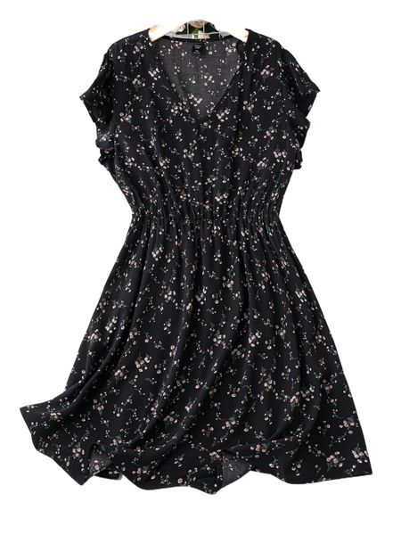 

plus ditsy floral butterfly sleeve a-line dress g0gd#, Black