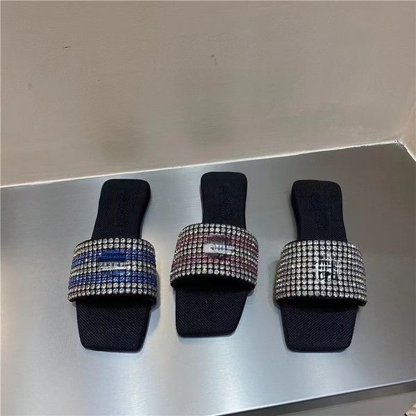 

rhinestone slippers op60 new square head exposed toe flat bottom fairy wind summer leisure wear flip-flops big fashion brands in europe and, Black