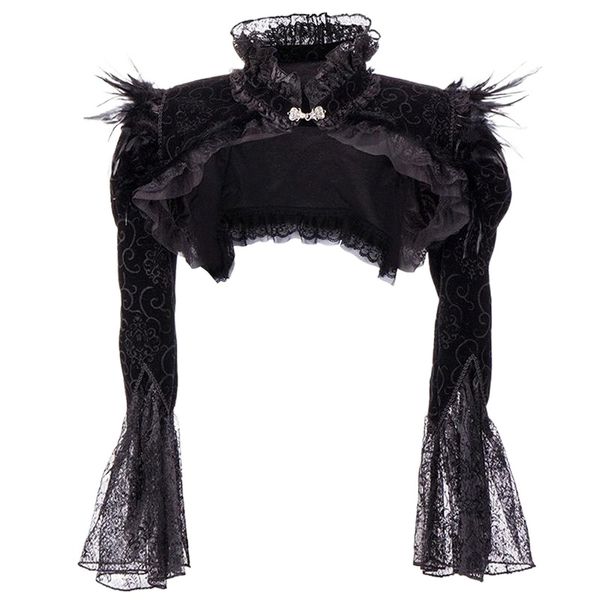 

women's jackets victorian black flannel feathers lace jacket long sleeve ruffles stand collar gothic bolero clothing accessories steamp, Black;brown
