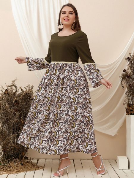 

plus scroll print contrast tape a-line dress o6lb#, Black