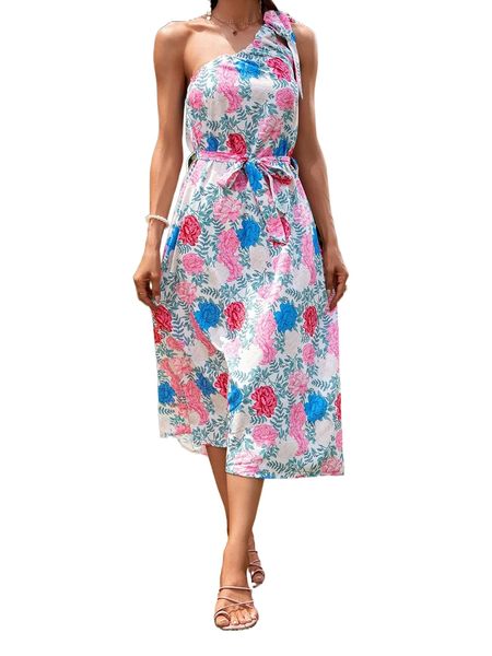 

allover floral print tie one shoulder belted dress c3tg#, Black;gray