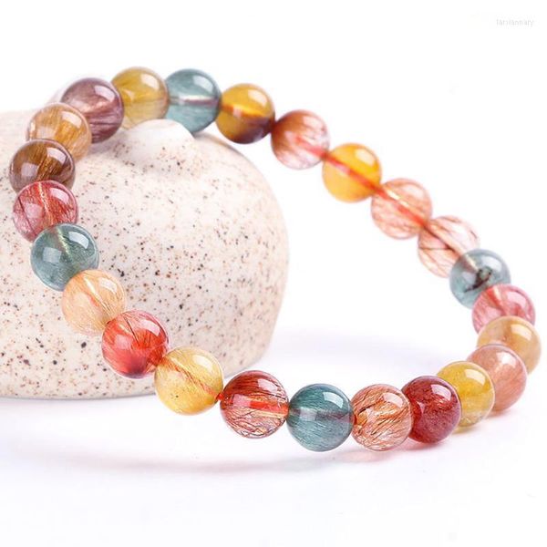 Fili di perline Braccialetto di perline di pietre preziose di quarzo rutilato colorato naturale Multicolore Prezioso regalo fortunato speciale per uomo donna Lars22