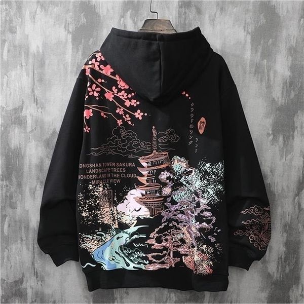 

men hoodie plus velvet trend harajuku style autumn and winter clothes loose hip-hop japanese streetwear couple ulzzang hooded 220402, Black