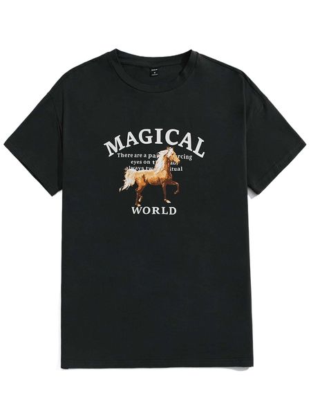 

men horse & slogan graphic drop shoulder tee s48z#, White;black