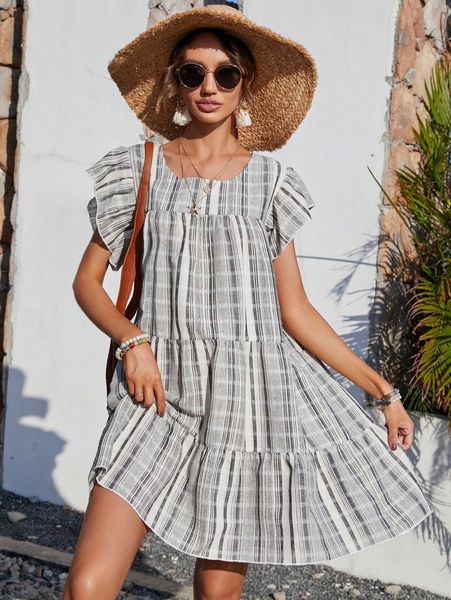 

butterfly sleeve smock dress d8fx#, Black;gray