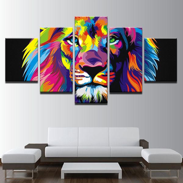 Immagini modulari Decorazioni per il soggiorno Arte della parete Stampe HD Poster astratti 5 pezzi Pittura su tela colorata testa di leone senza cornice