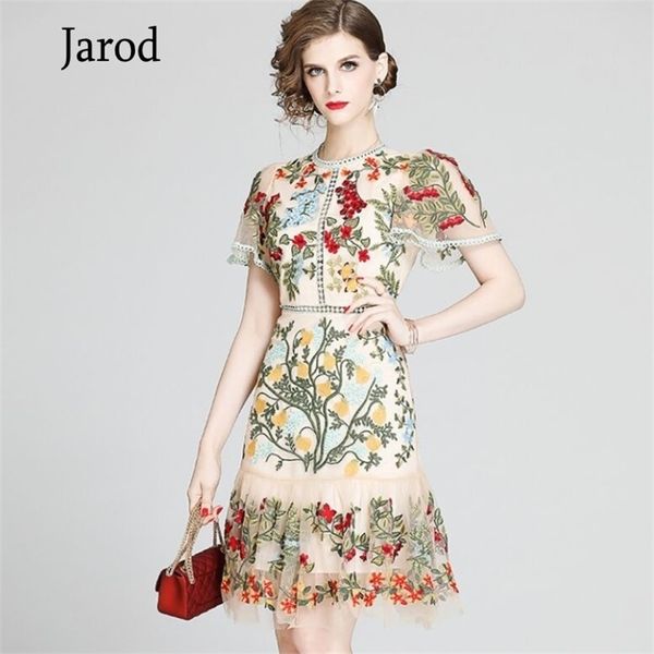 

fashion gorgeous flower embroidery mesh hollow out slim ruffles dress summer elegant butterfly sleeve oneck party 210526, Black;gray