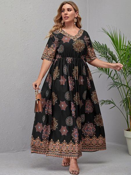 

plus paisley print v-neck dress w1bw#, Black