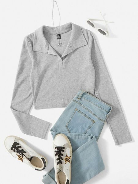 

solid collared ribbed knit tee v7aj#, White