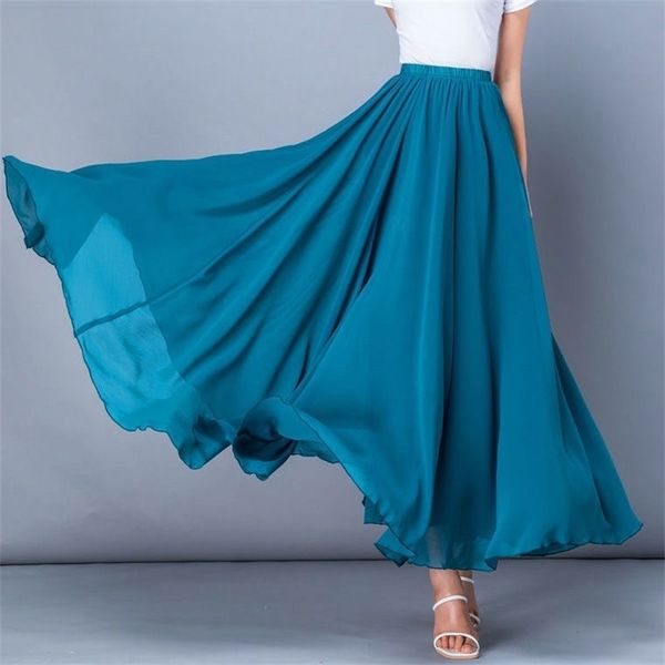 

spring skirt 3 layer chiffon long skirts for women elegant casual high waist boho beach maxi saias femme 80/90/100cm 220322, Black