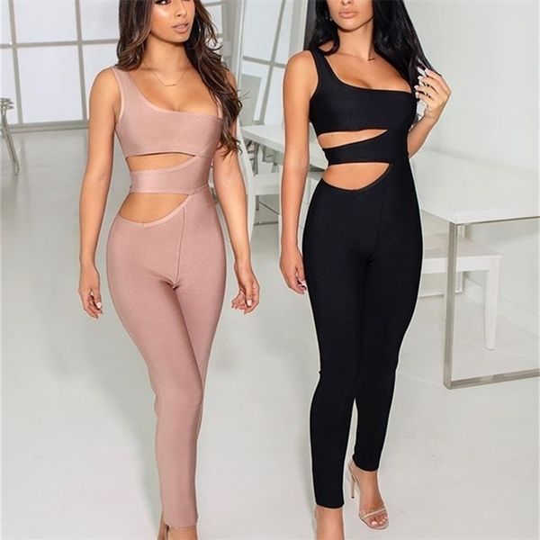 

new celebrity khaki black red hollow out bandage jumpsuit full length evening party jumpsuit 210326, Black;white