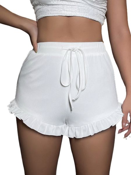 

sxy drawstring waist ruffle hem shorts v10d#, White;black