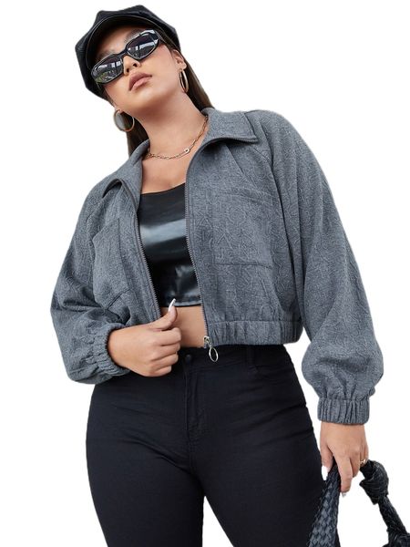 

plus raglan sleeve crop solid jacket e93f#, Black