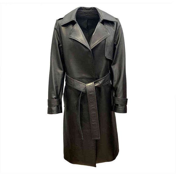 

2022 spring autumn women leather trench lady real sheepskin long jackets windjacket female leather jacket ts4850 j220727, Black