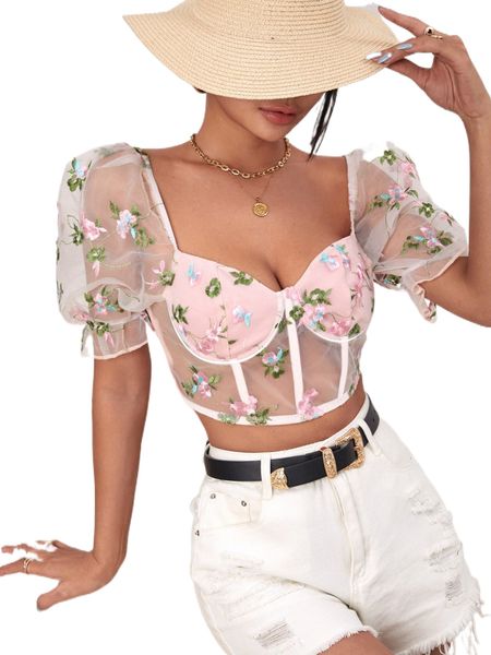 

flounce sleeve embroidery mesh crop c6rr#, White