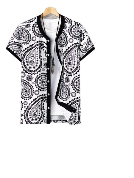 

men paisley print shirt & japanese letter graphic shorts 869h#, Gray