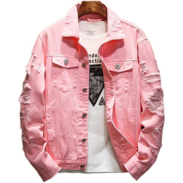 

men's jackets denim jacket men ripped holes mens pink jean garment washed coat designer clothes, Black;brown