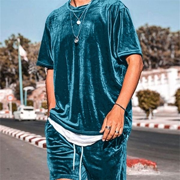 Homens conjuntos de veludo cor sólida o pescoço de manga curta camiseta shorts shorts de streetwear fatos casuais incerun s 5xl 7 220621