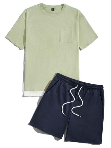

men 1 set pocket patched 2 in 1 tee & track shorts q4ad#, Gray