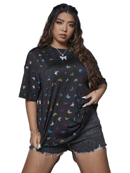 

plus butterfly print drop shoulder tee y95k#, Black