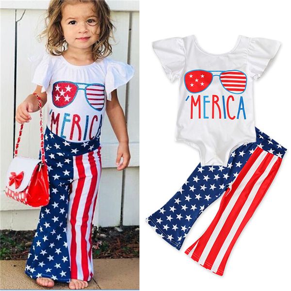 

12m-4t summer 2022 toddler kids baby girls clothes set star independence day romper flared pants outfits set baby's clothing sets, White