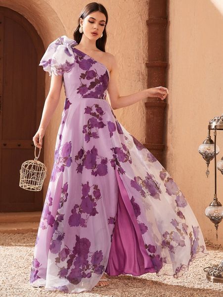 

one shoulder knot side floral dress 299h#, Black;gray