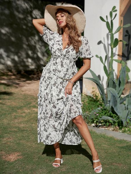 

simplee floral print puff sleeve layered hem dress z5p6#, Black;gray