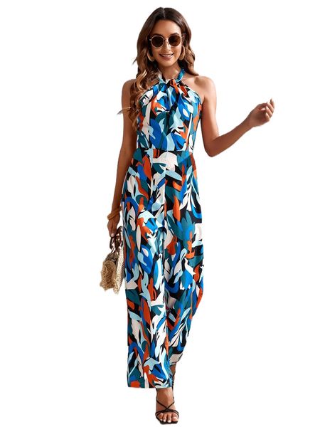 

allover print colorblock halter neck jumpsuit z2sy#, Black;white