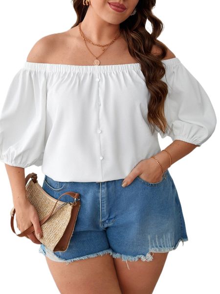 

plus off shoulder lantern sleeve blouse 58he#, Black