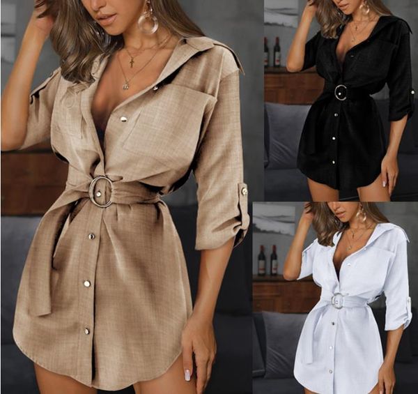

cotton linen shirt dress women boho waist belt v neck half sleeve sundress streetwear a line vestidos, Black;gray