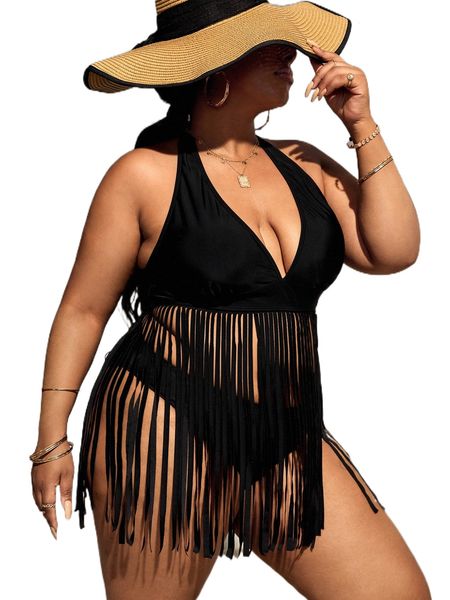 

plus tie back fringe hem halter bikini swimsuit w1r0#, White;black