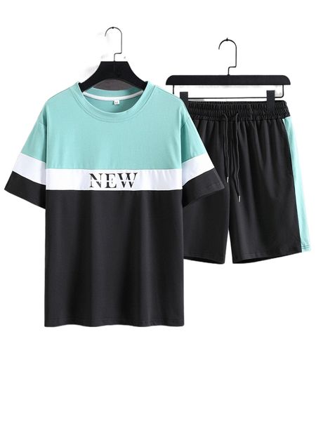 

men color block letter graphic tee & shorts u2fc#, Gray