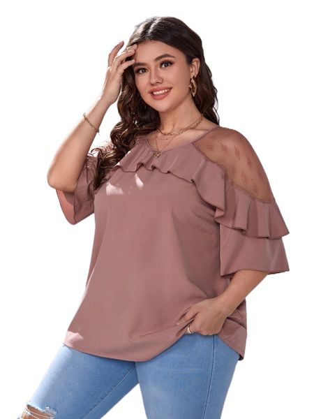 

plus lace insert ruffle trim blouse s2ao#, Black