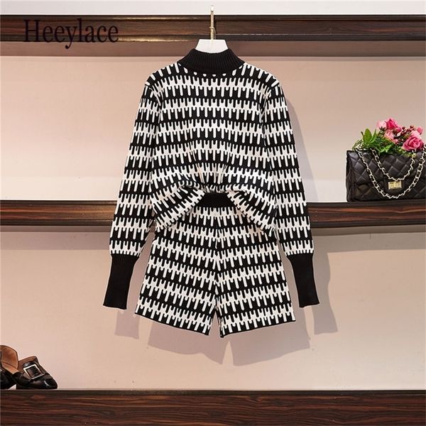 

winter knitted sweater 2piece set women shorts set korean elegant casual long sleeve turtleneck sweatermini pant knitted suits t200325, White