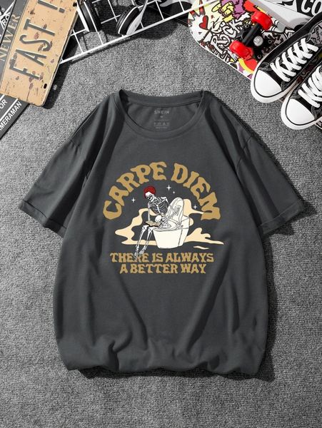 

men skeleton & slogan graphic tee 65al#, White;black