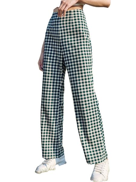 

high waist gingham flare leg pants i3ve#, Black;white