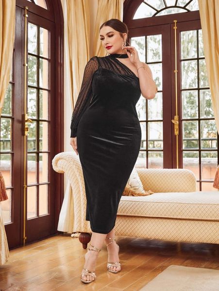 

plus solid mesh yoke asymmetrical neck velvet bodycon dress f79w#, Black