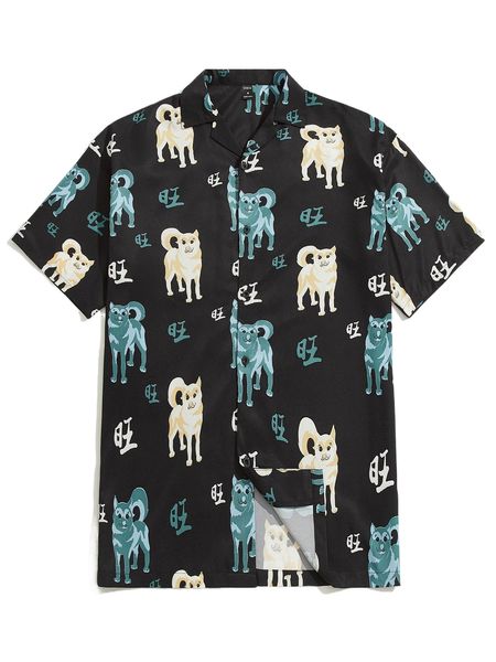 

men chinese letter & dog print shirt 172m#, White;black