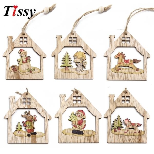 6pcs Creative House Pingents de madeira Ornamentos Diy Wood Crafts Xmas Tree Ornament Home Christmas Party Decorações do presente Y201020