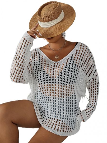 

plus hollow out drop shoulder cover up without bikini set s9gg#, Black