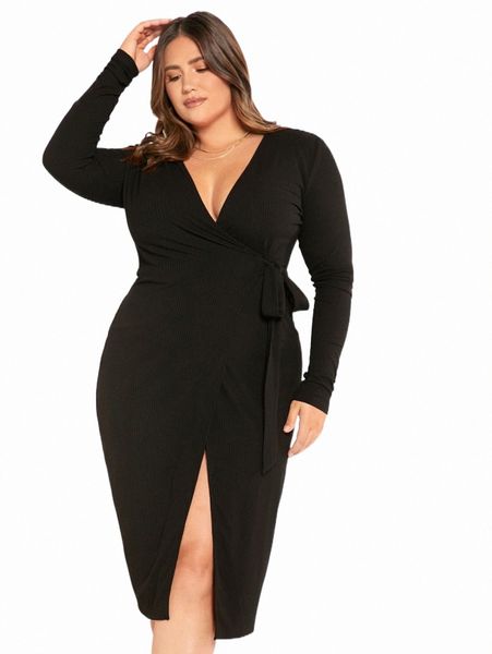 

evolu plus tie side wrap dress l9o0#, Black