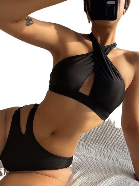 

wrap cross o-ring cut out halter bikini swimsuit e4j6#, White;black