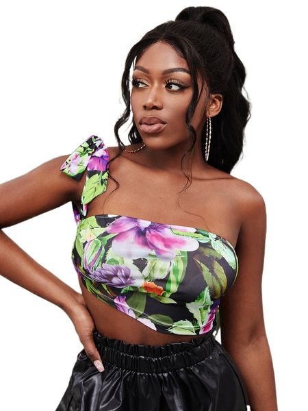 

sxy knot shoulder floral print asymmetrical hem crop l6hp#, White